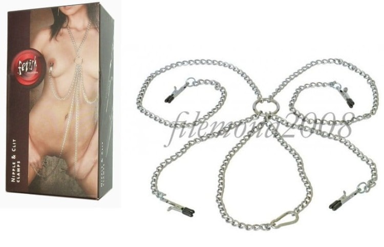 Fetish Nipple&amp;Clit Clamps - ciężki łańcuszek z zaciskami na sutki i genitalia