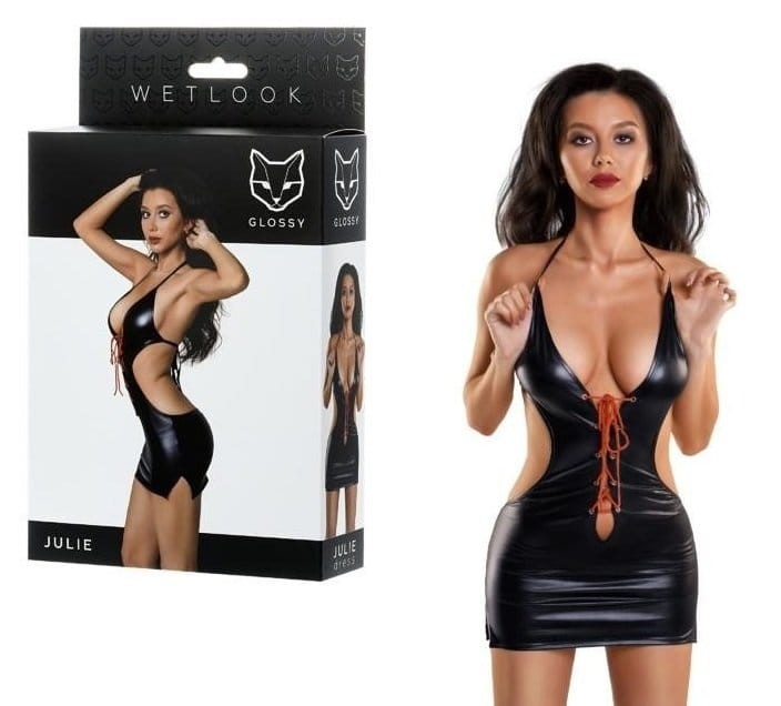 Julie Wetlook Glossy czarna mini sukienka L