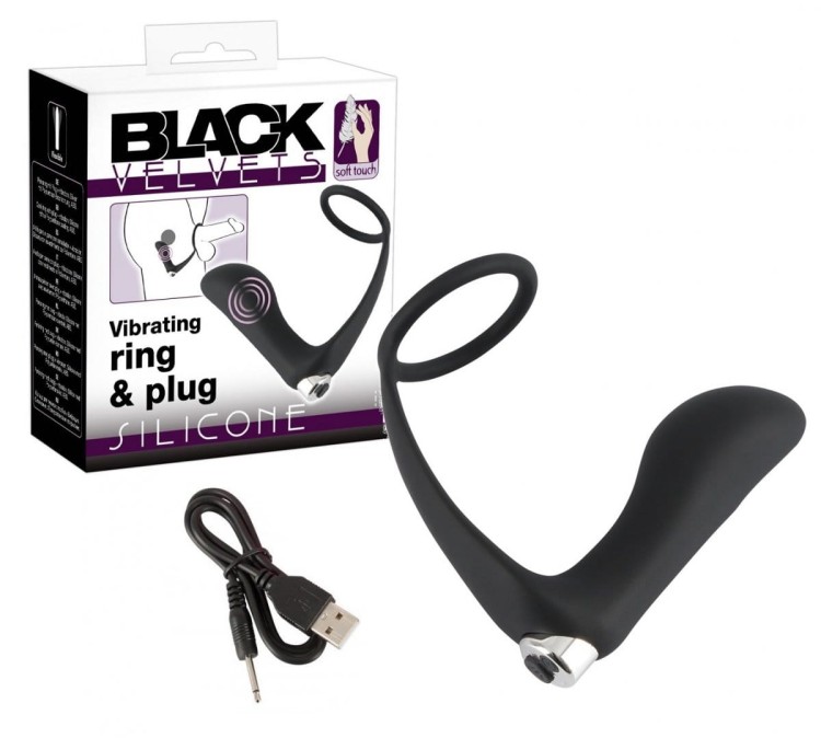 Black Velvets Vibrating Ring&amp;Plug wibrująca wtyczka analna z ringiem erekcyjnym USB