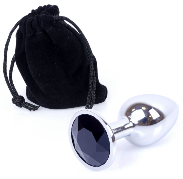 Metal Silver klasyczna mała wtyczka analna z czarnym kryształkiem