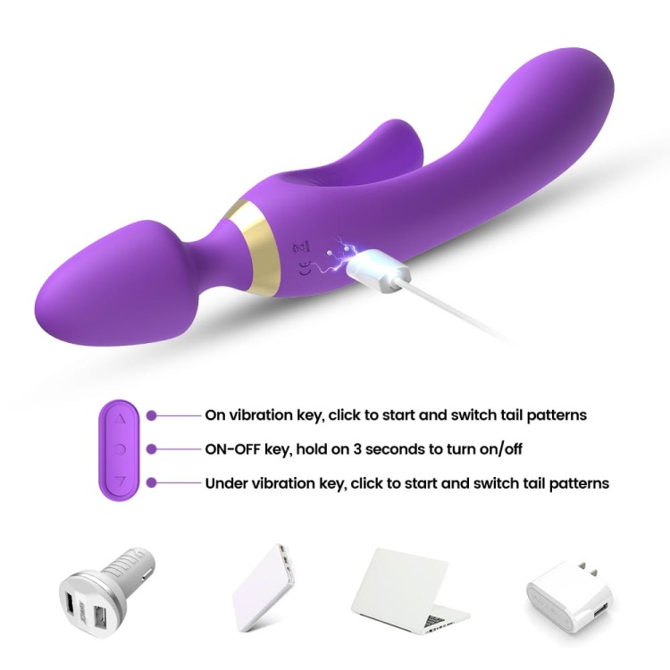 Potrójny wibrator Magic Wand silikonowy stymulator - wtyczka analna, króliczek, G-Spot - magnetyczne ładowanie USB