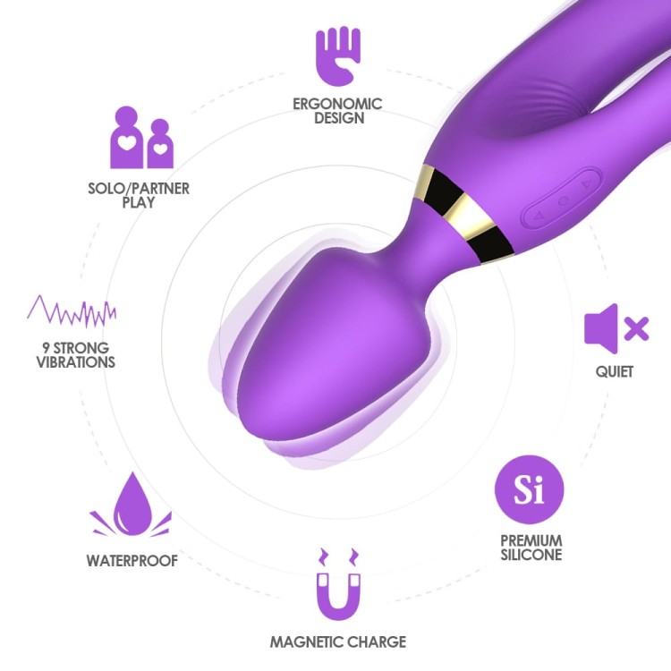Potrójny wibrator Magic Wand silikonowy stymulator - wtyczka analna, króliczek, G-Spot - magnetyczne ładowanie USB